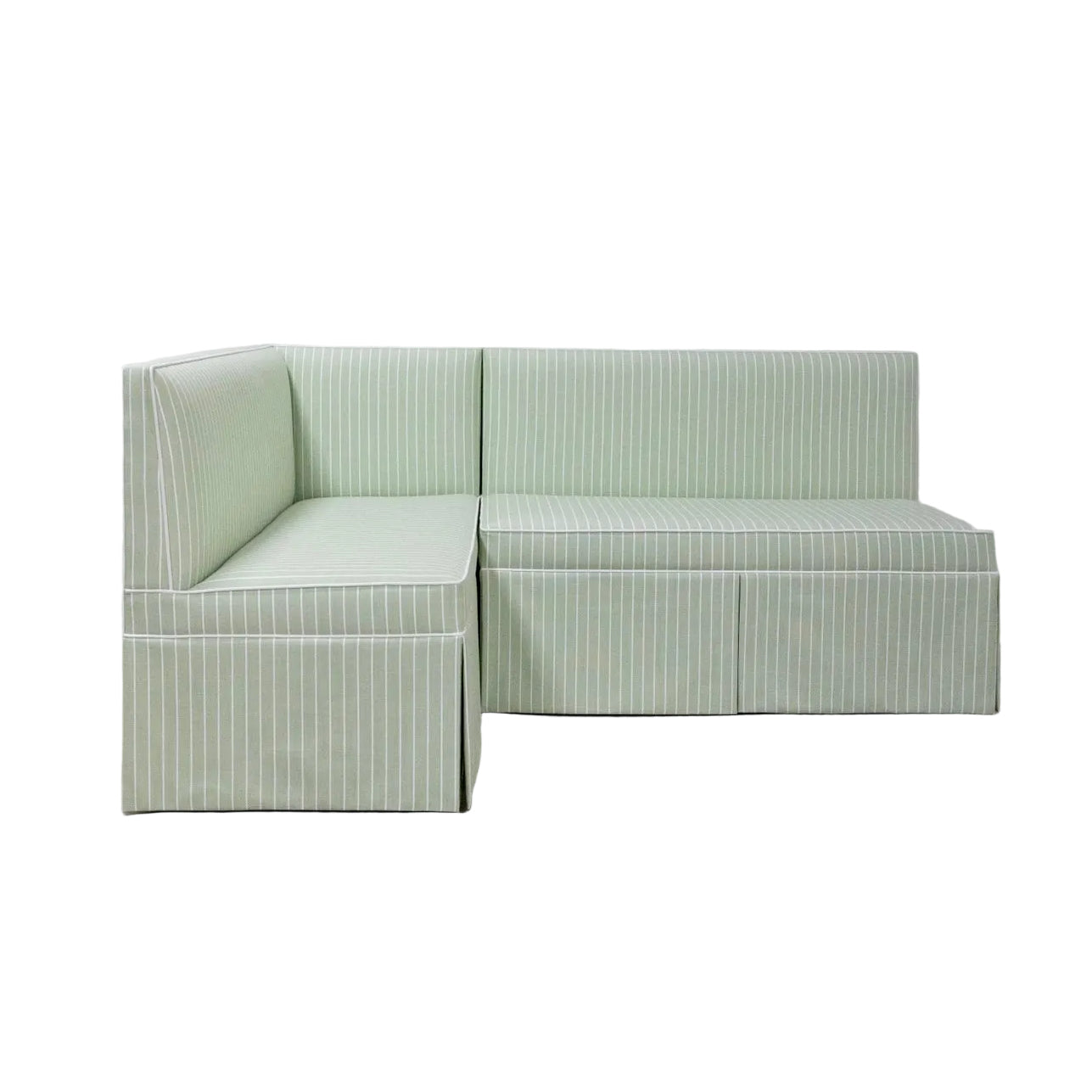  Custom Upholstered Skirted Banquette – Green Striped Fabric, White Piping