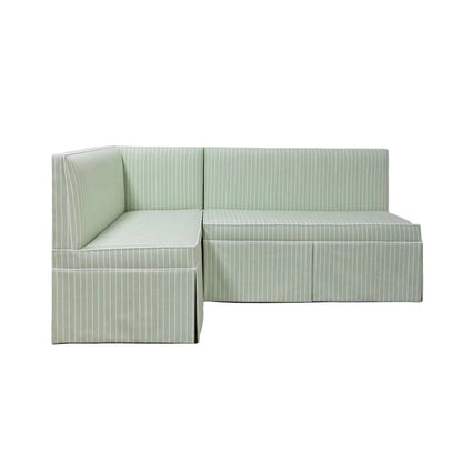  Custom Upholstered Skirted Banquette – Green Striped Fabric, White Piping