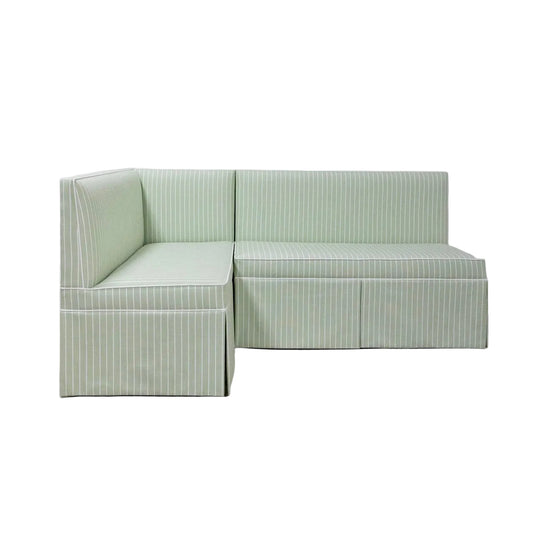  Custom Upholstered Skirted Banquette – Green Striped Fabric, White Piping