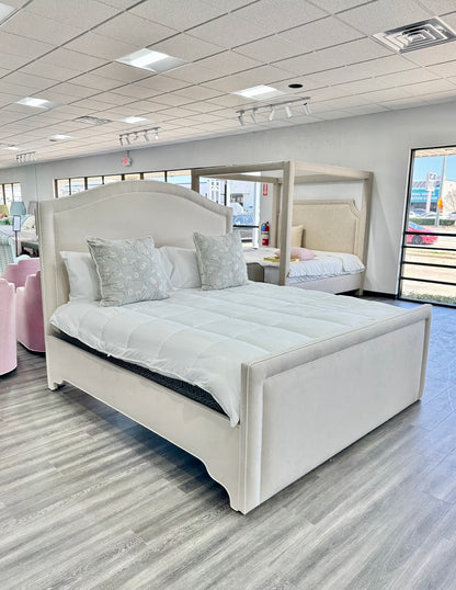 65"H King Platform Bed - Upholstered Footboard - Oatmeal Woven Fabric - White Trim