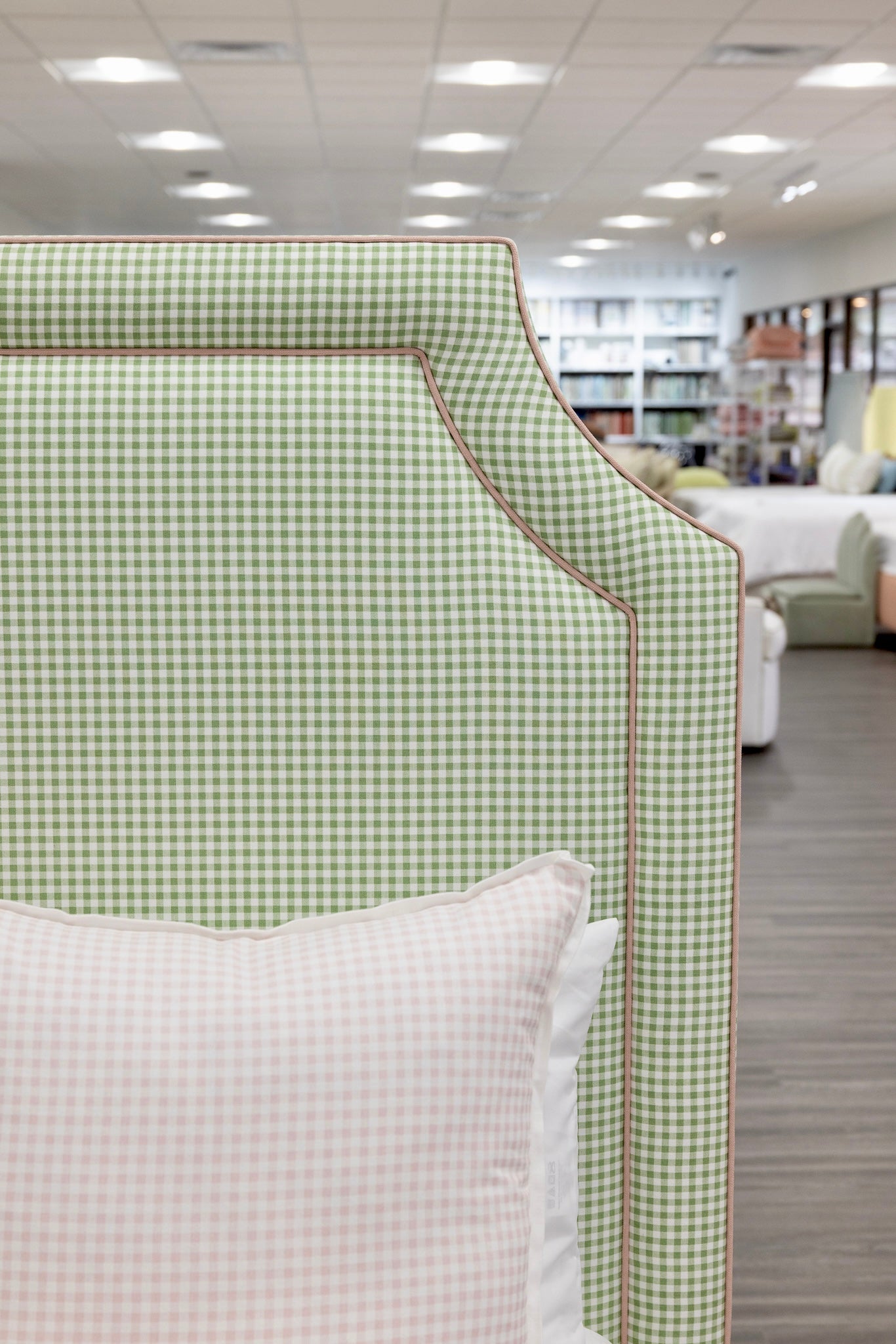 The Addison Queen Bed - Skirted Base - Sage Green Gingham Fabric - Pink Trim