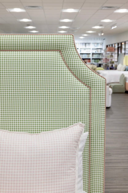 The Addison Queen Bed - Skirted Base - Sage Green Gingham Fabric - Pink Trim
