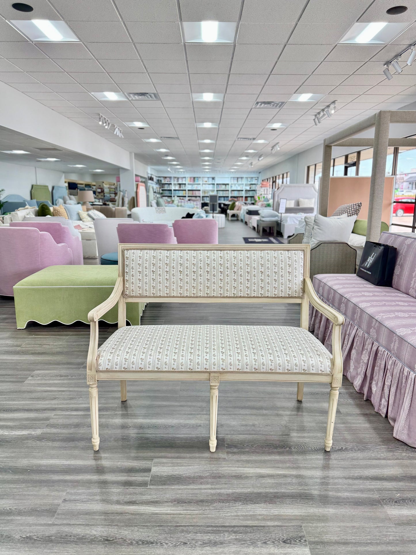 Italian Carved Upholstered Bench in Schumacher Fabric