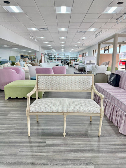 Italian Carved Upholstered Bench in Schumacher Fabric