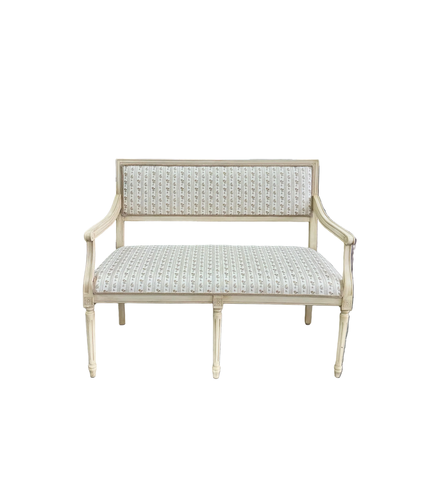 Italian Carved Upholstered Bench in Schumacher Fabric