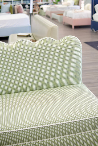 76"L Custom Scalloped Banquette in Darcy Leaf Fabric from Thibaut - Modern Upholstered Dining Banquette with Pleated Skirt