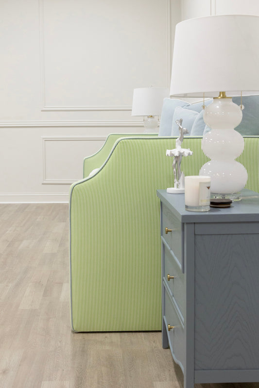 Twin Trundle Daybed - Striped Green Fabric - Sky Blue Trim