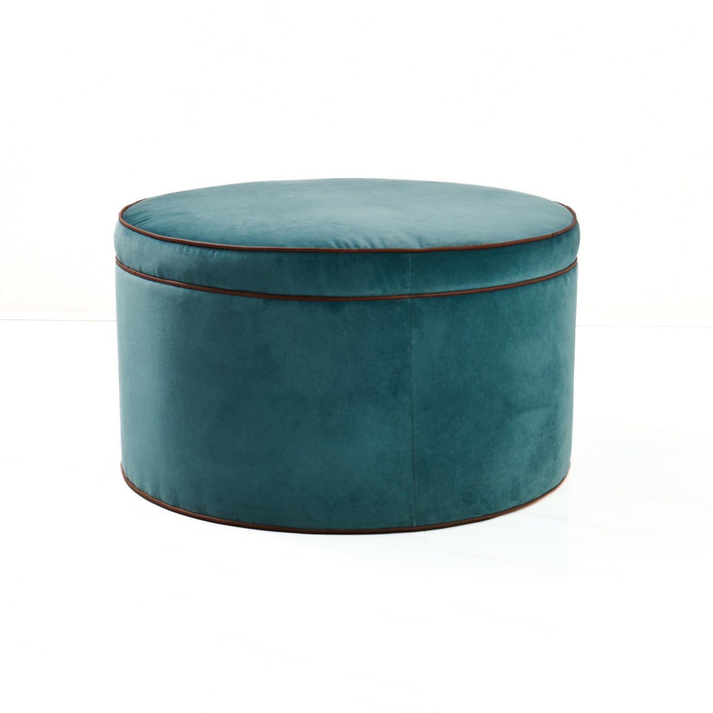 36" Round Ottoman / Coffee Table in Turquoise Mohair Fabric - Brown Leather Trim