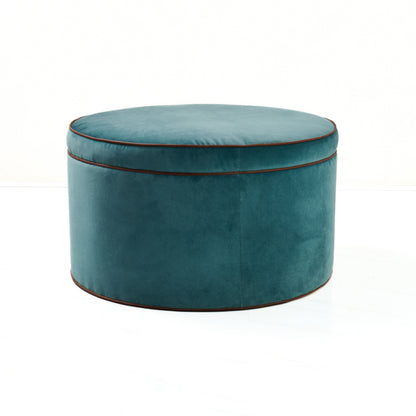 36" Round Ottoman / Coffee Table in Turquoise Mohair Fabric - Brown Leather Trim