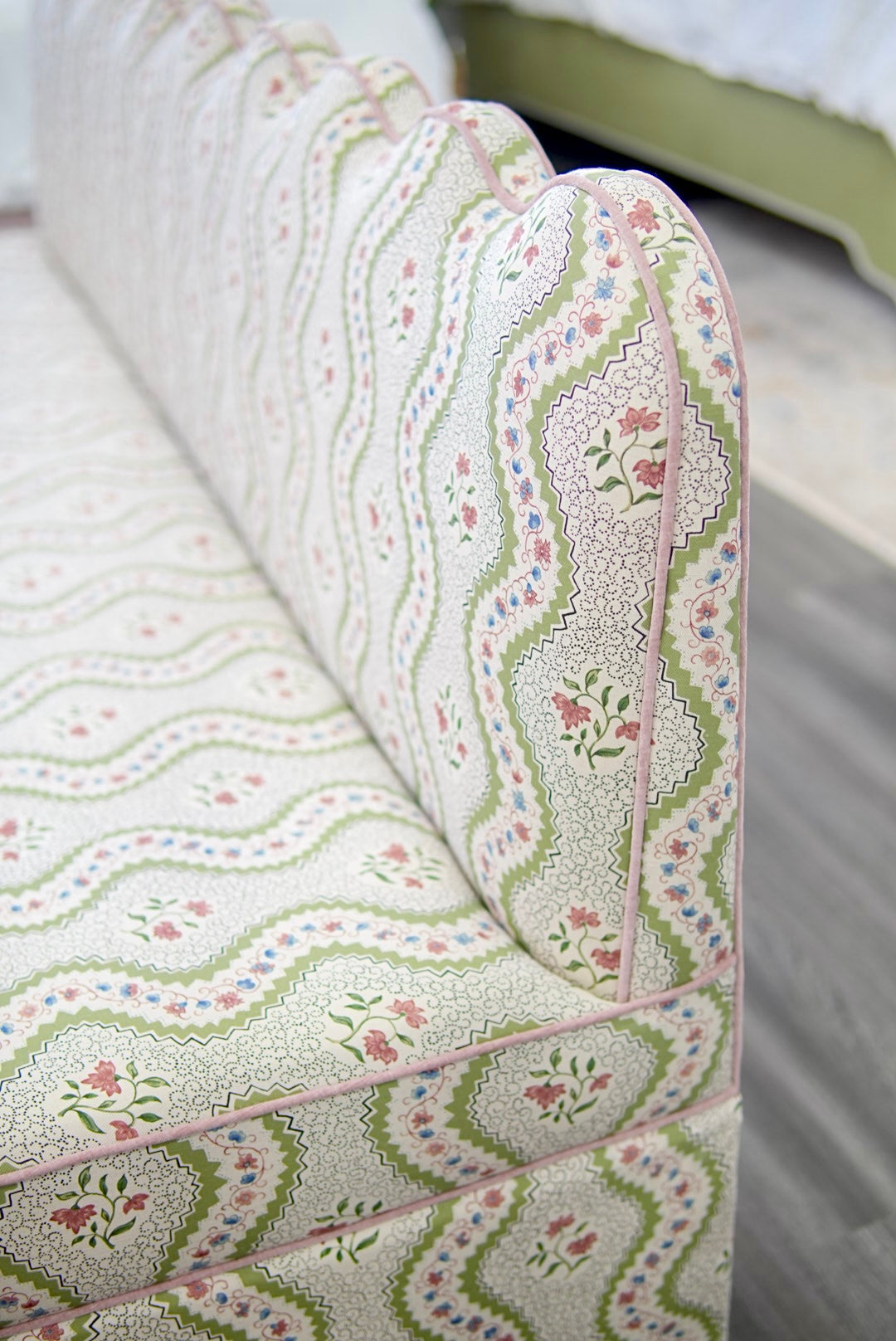 76"L Custom Scalloped Banquette in Natural Luxury Linen - Modern Upholstered Dining Banquette with Pleated Skirt