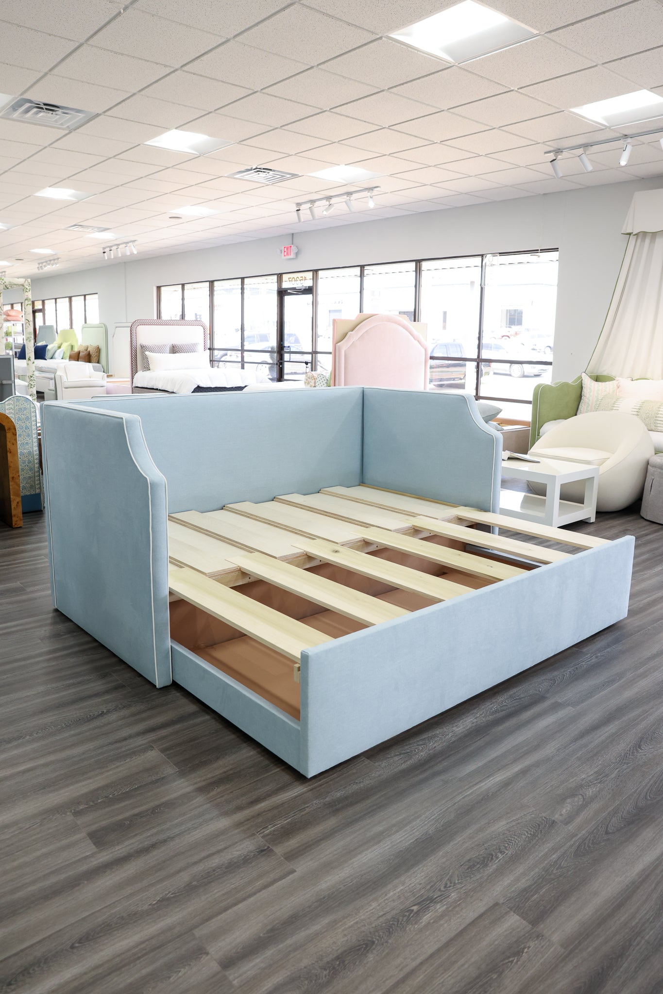 Twin to king Upholstered Trundle Daybed in Sky Blue Woven fabric - White Trim