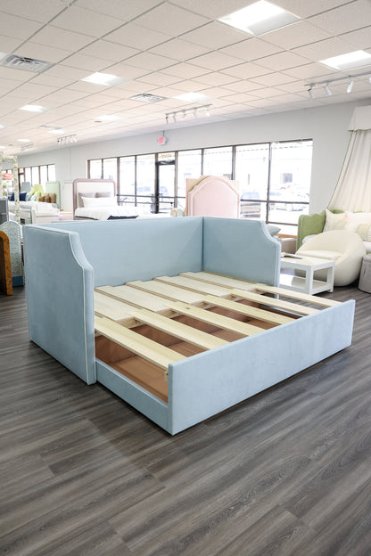 Twin to king Upholstered Trundle Daybed in Sky Blue Woven fabric - White Trim