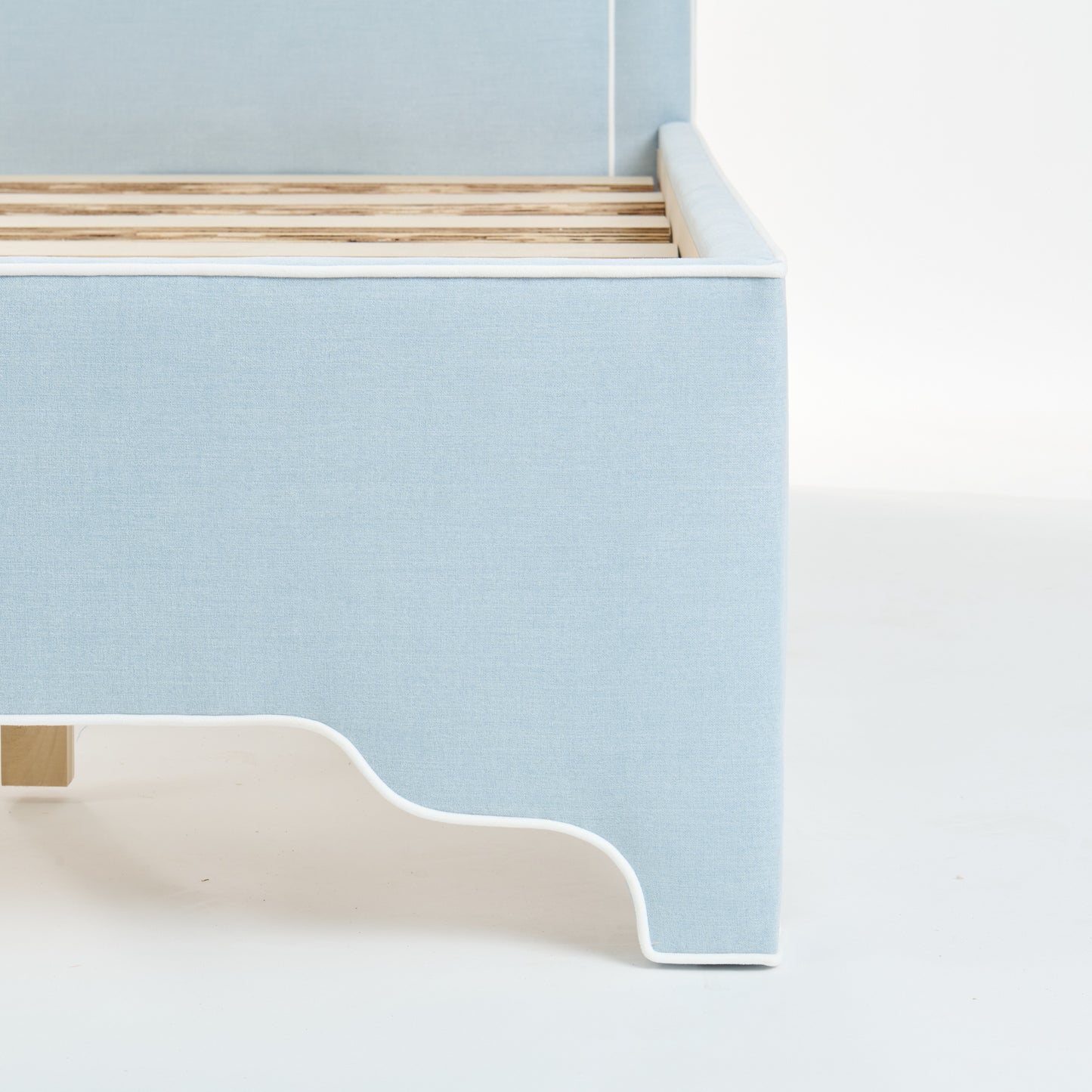 The Aliana Twin Platform Bed in Sky Blue Woven Fabric - White Trim