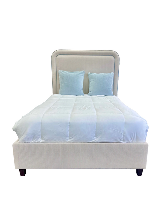 65”H Full Size Upholstered Bed with - Striped Serena & Lily Fabric - Sky Blue Trim
