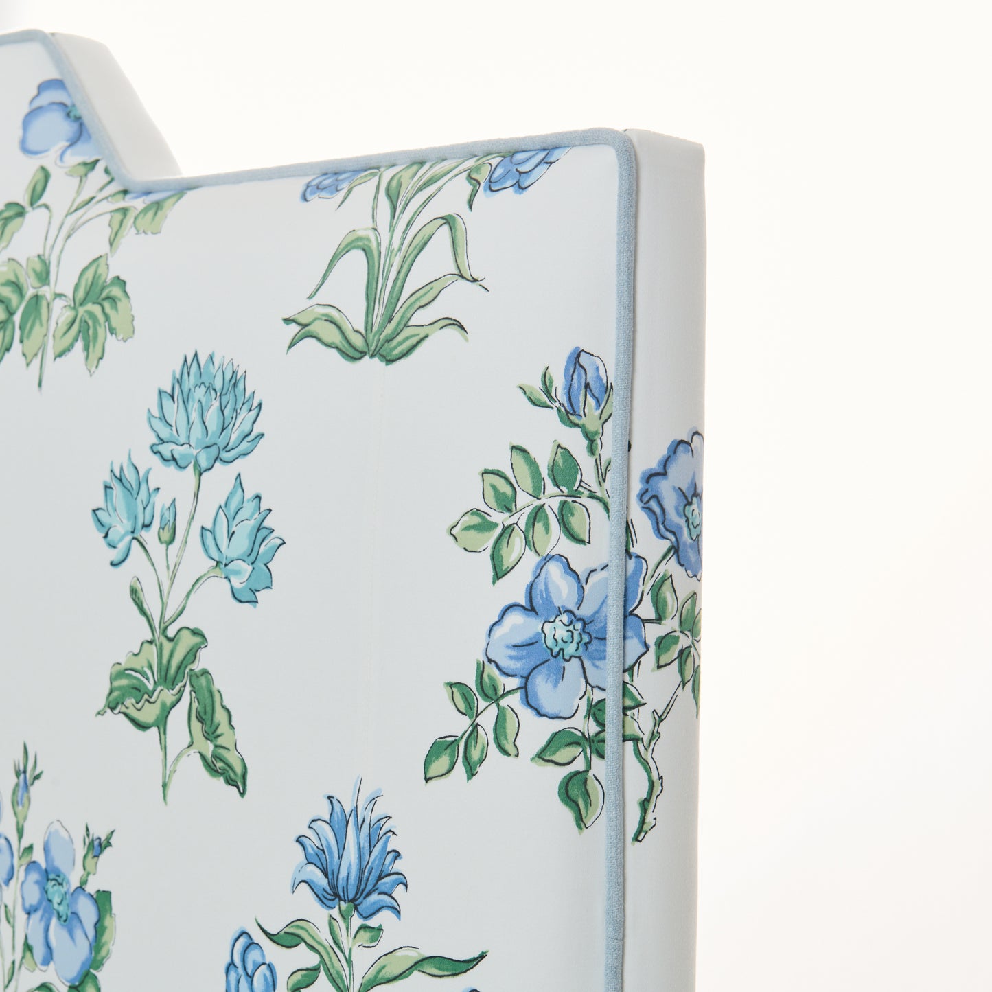 65”H Queen Upholstered Platform Bed - Fabricut Floral Fabric - Sky Blue Trim