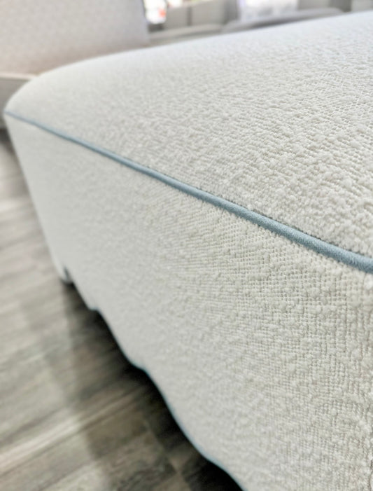 Scalloped Ottoman / Coffee table in White Boucle Fabric - Sky Blue Trim