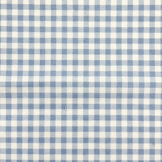 65" H Skirted Platform Base Queen Bed - Blue Gingham Fabric - Blush Pink Trim