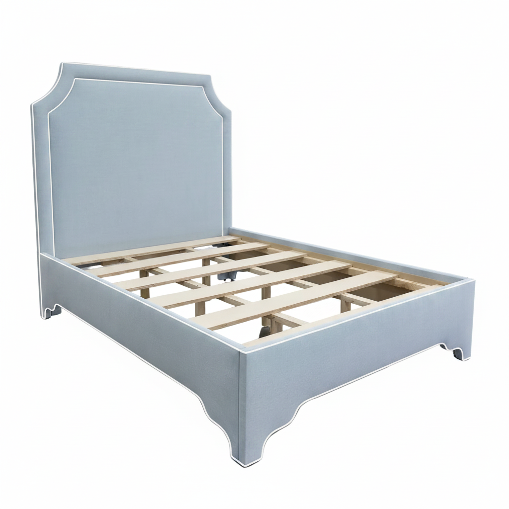 The Addison Queen Bed - Scalloped Legs - Sky Blue Woven Fabric - White Trim