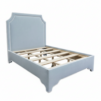 The Addison Queen Bed - Scalloped Legs - Sky Blue Woven Fabric - White Trim