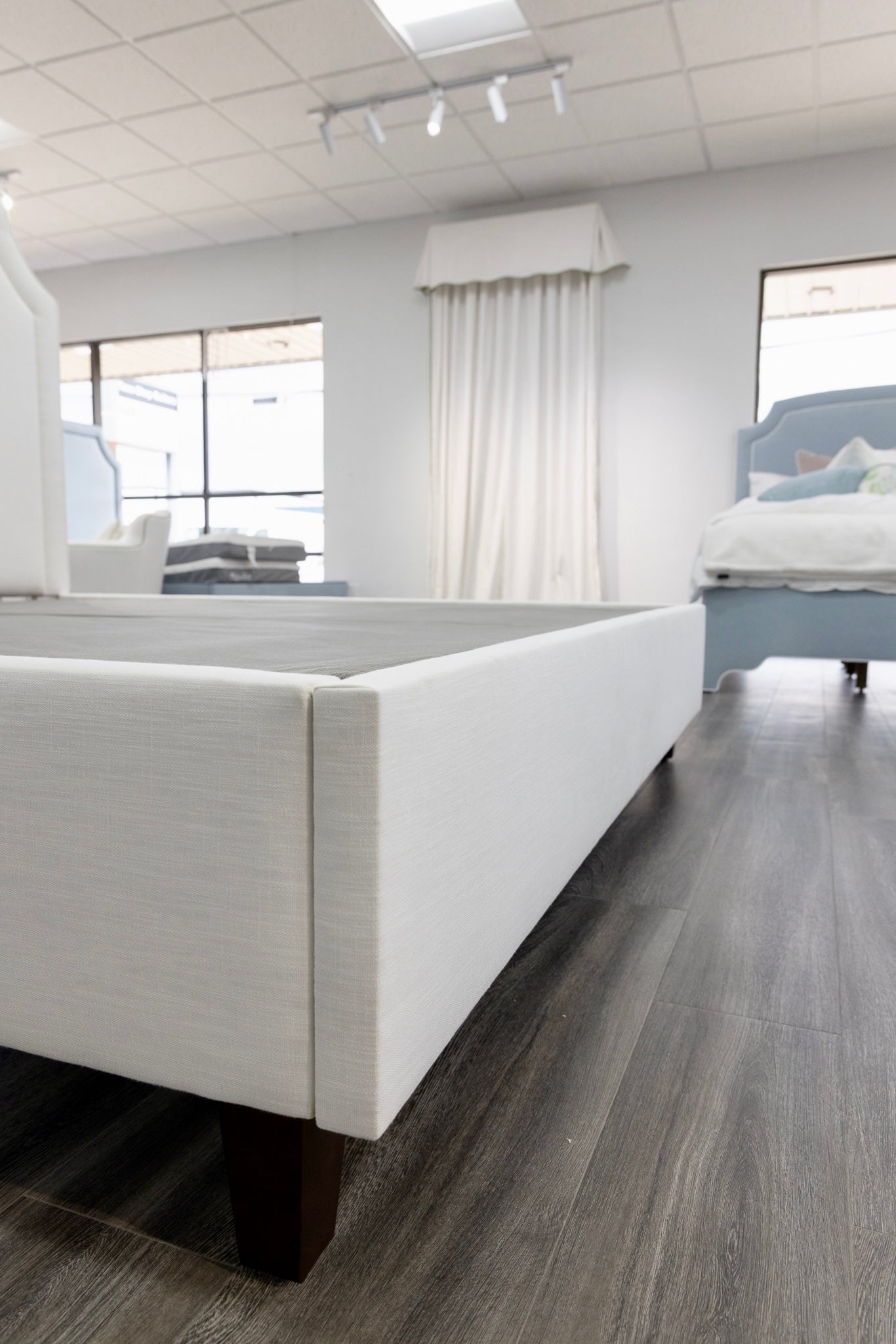 65”H King Platform Bed - Wooden Legs - Off White Linen Fabric