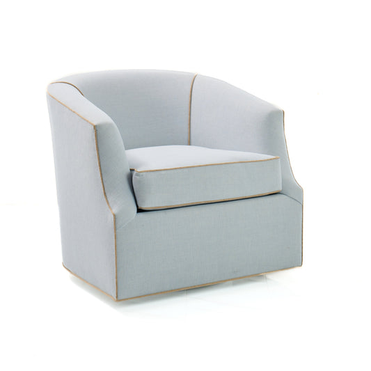 Custom Swivel Chair -  Performance Crypton Fabric in Light Blue - Mushroom Trim