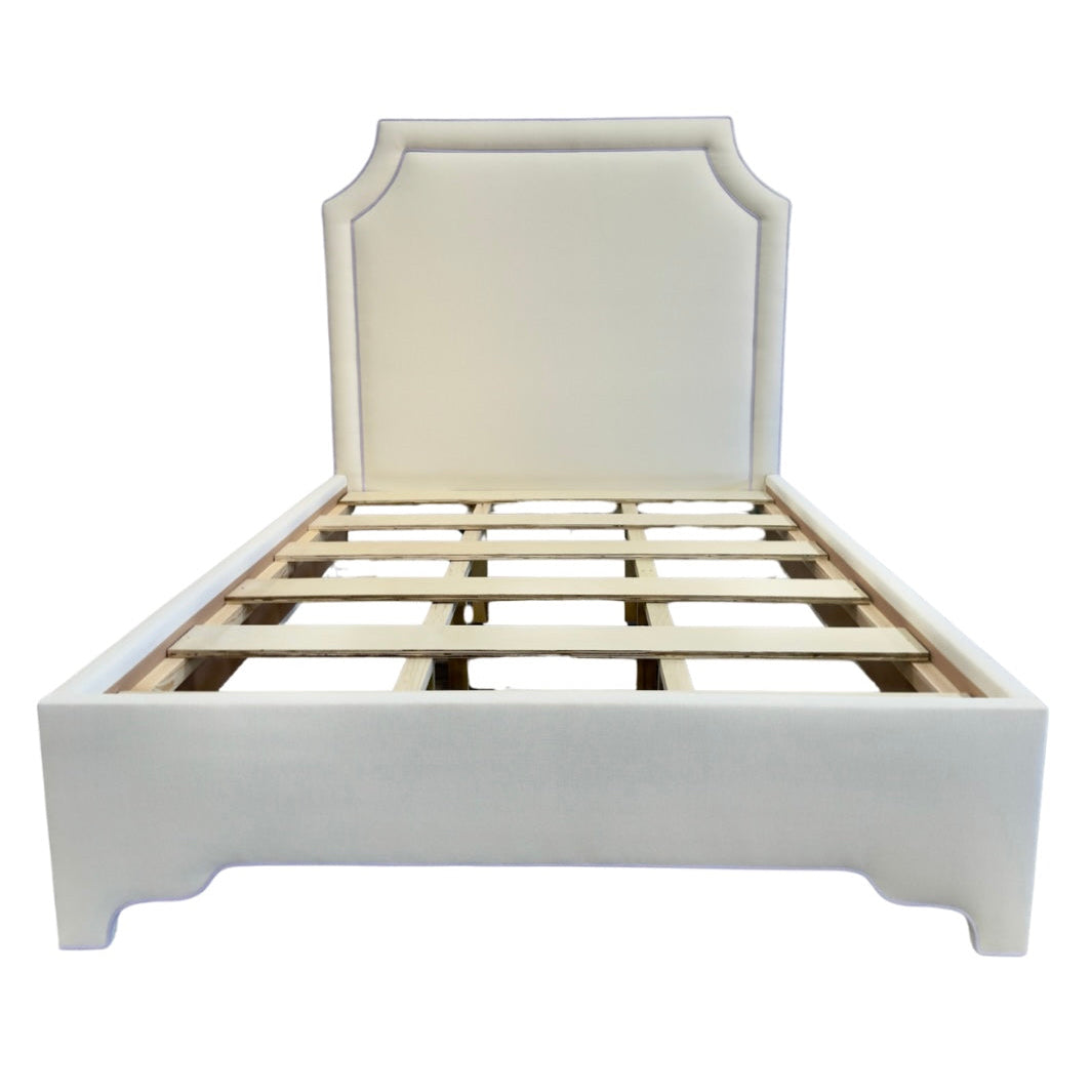 65" H Queen Platform Bed - NY Oatmeal Woven Fabric - Purple Trim