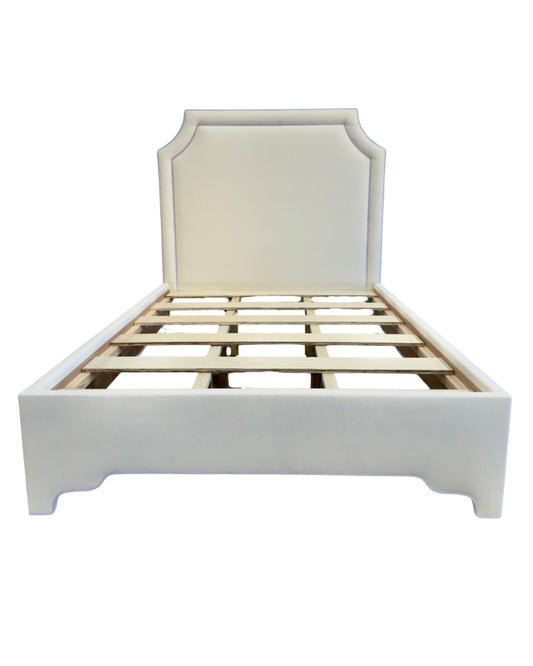 65" H Queen Platform Bed - NY Oatmeal Woven Fabric - Purple Trim