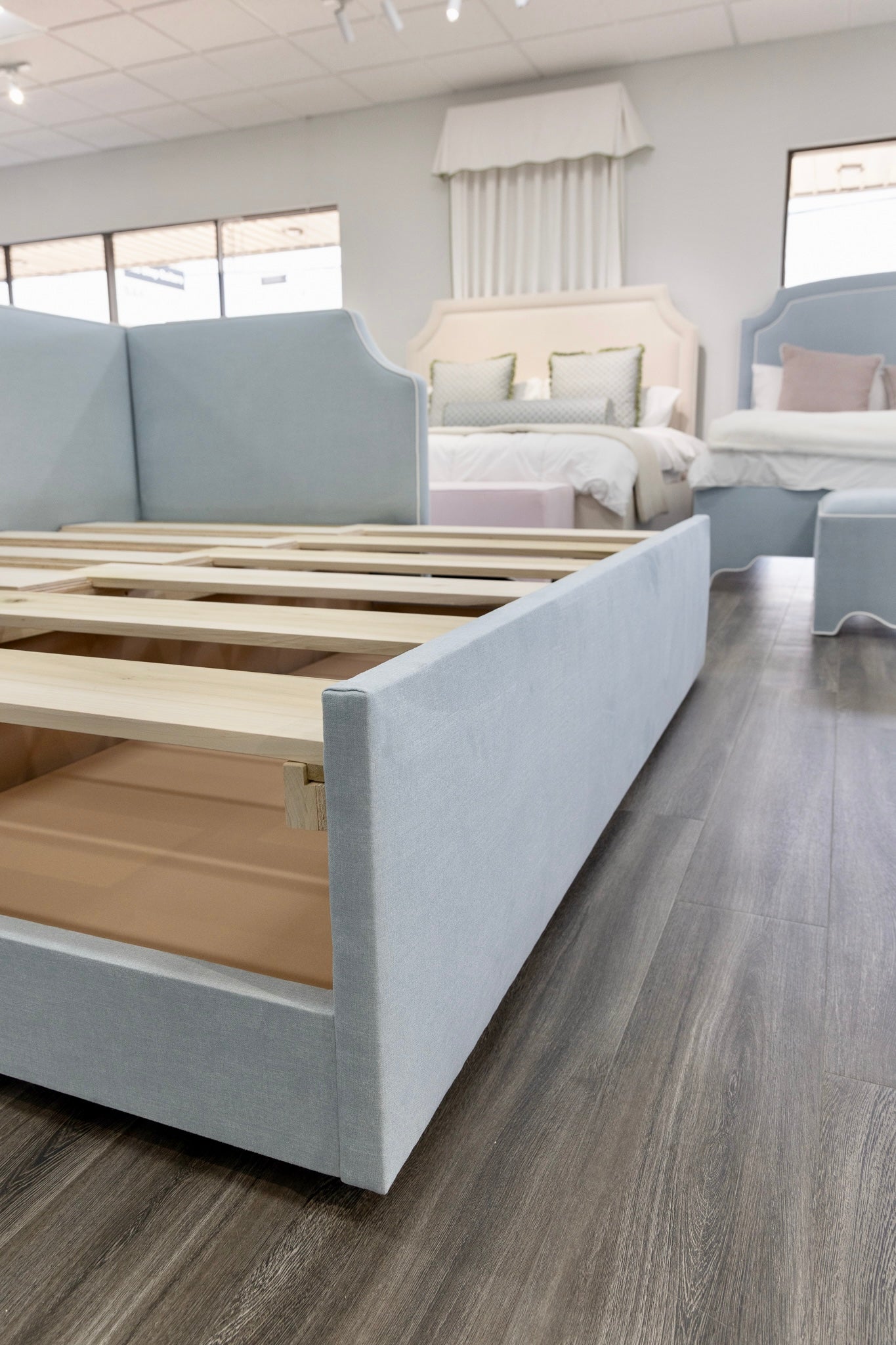 The Addison Twin to King Trundle Daybed - Sky Blue Woven fabric - White Trim