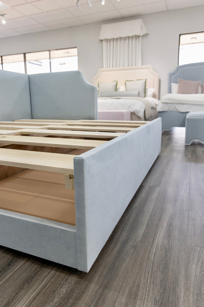 The Addison Twin to King Trundle Daybed - Sky Blue Woven fabric - White Trim