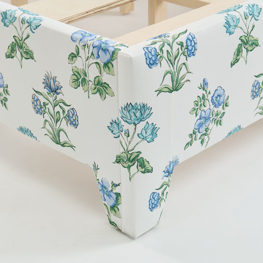 The Celeste Queen Bed - Fabricut Floral Fabric - Sky Blue Trim