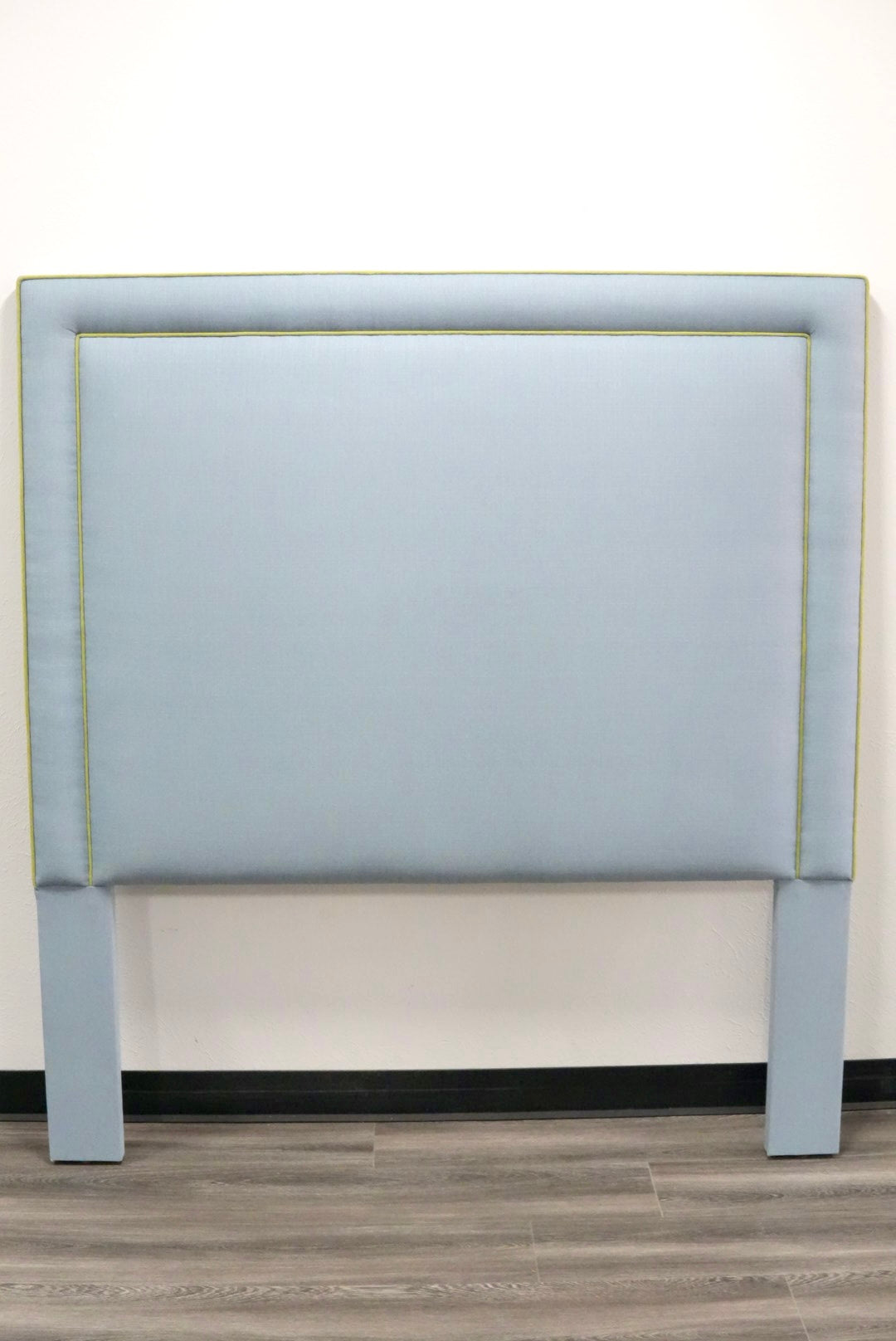 60" H Full Headboard in Blue Linen - Green Trim