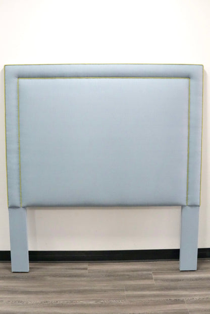 60" H Full Headboard in Blue Linen - Green Trim
