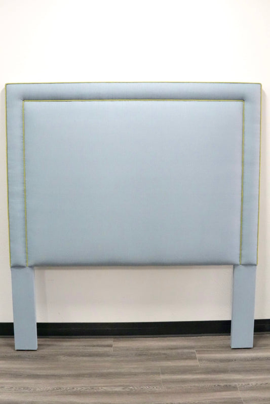 60" H Full Headboard in Blue Linen - Green Trim