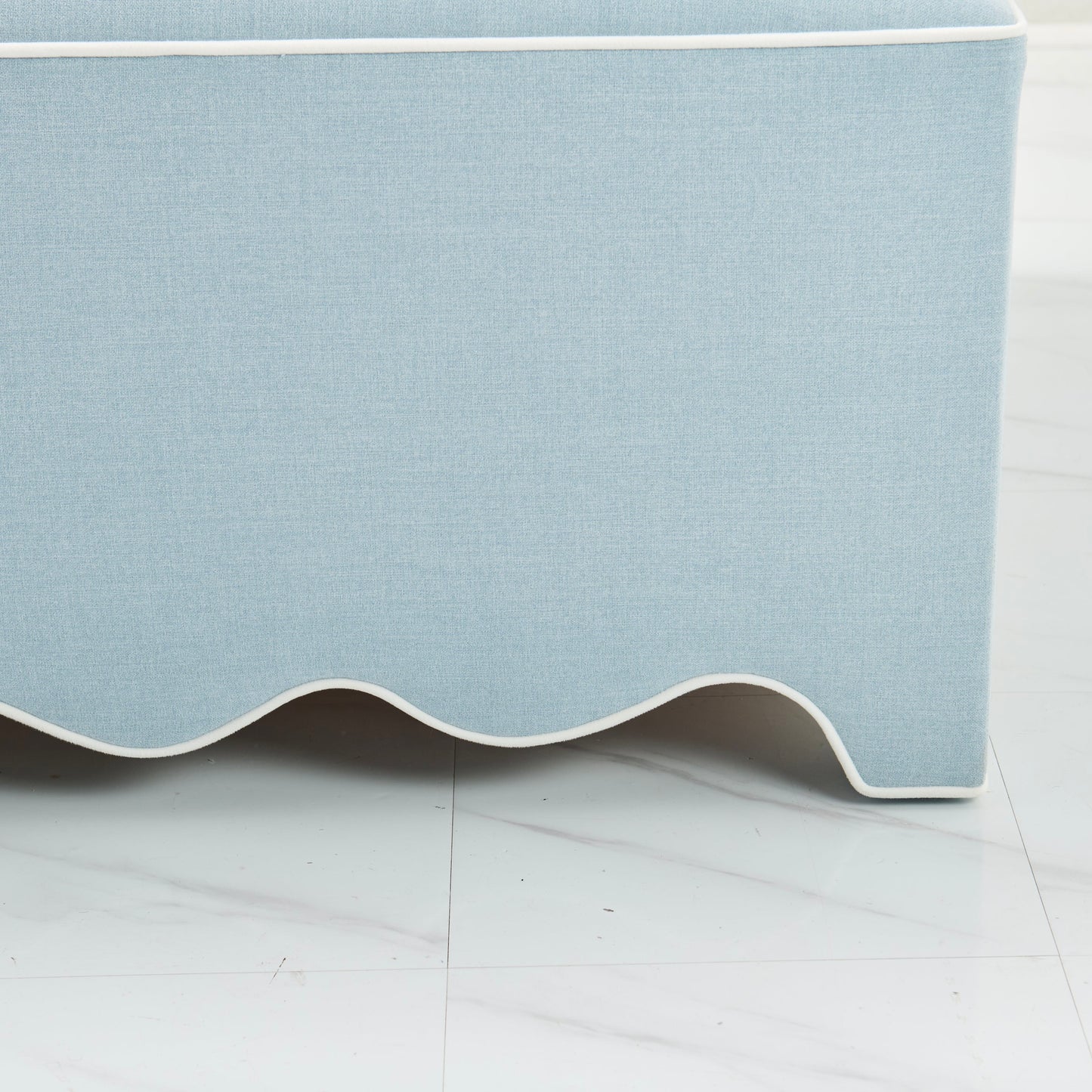 Scalloped Ottoman / Coffee table in Sky Blue Woven Fabric - White Trim