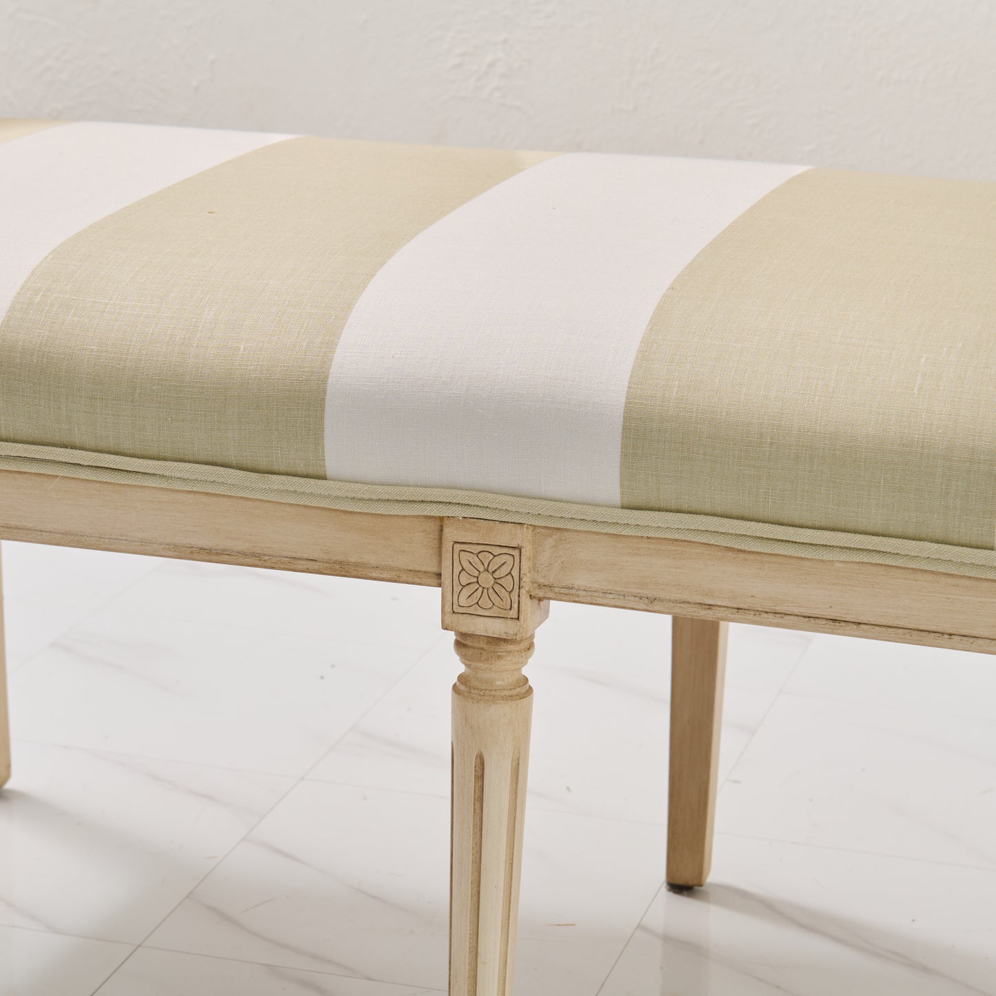 Italian Carved Upholstered Bench in Schumacher Fabric