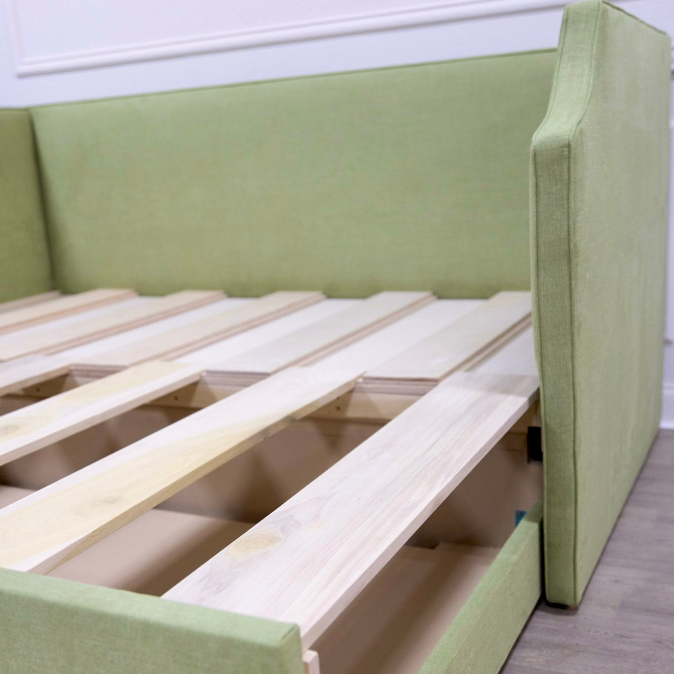 The Addison Twin to King Trundle Daybed - Pistachio Green Woven Fabric - White Trim