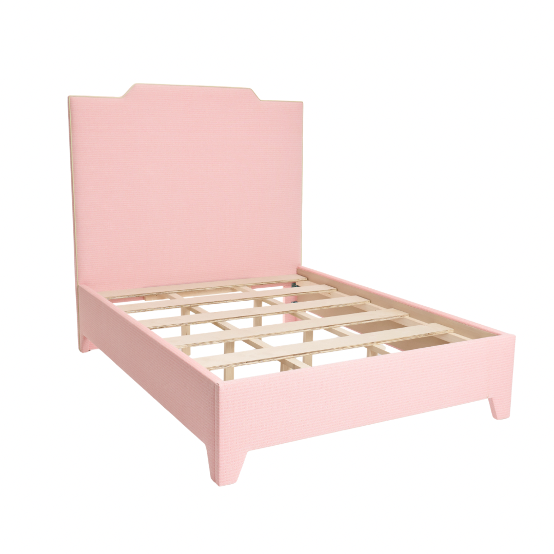 The Celeste Queen Bed - Performance Coral Linen Fabric - Pear Green Trim