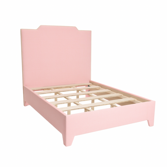 65”H Queen Upholstered Platform Bed - Performance Coral Linen Fabric - Pear Green Trim