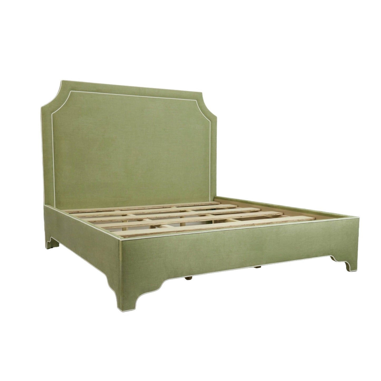 The Addison King Bed - Scalloped Legs - Pistachio Green Woven Fabric - White Trim