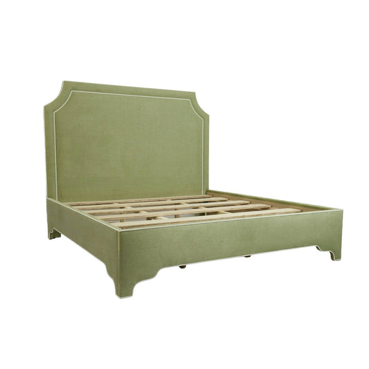 The Addison King Bed - Scalloped Legs - Pistachio Green Woven Fabric - White Trim