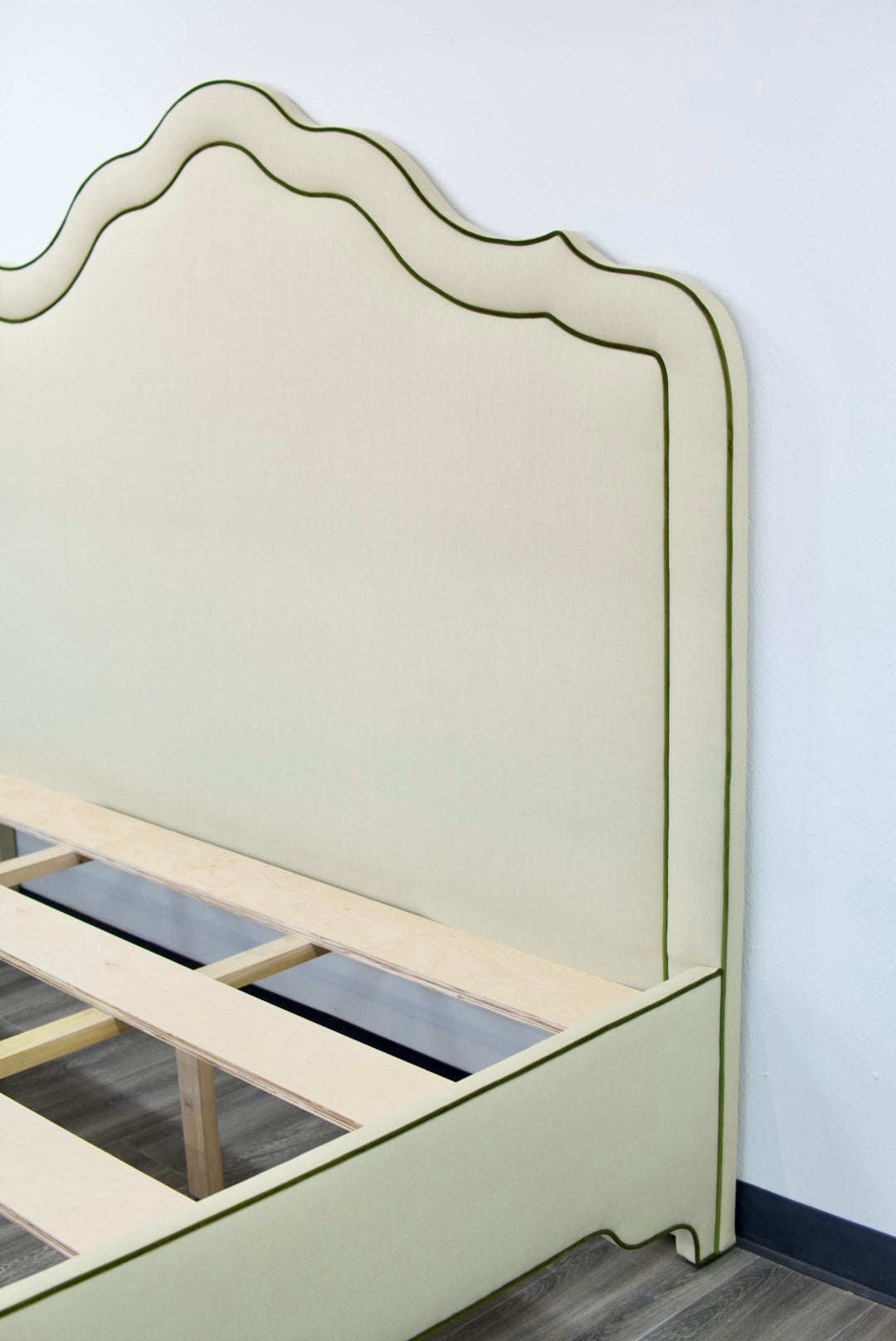 65"H King Bed  - Pale Sage Green Linen Fabric with Olive Green Velvet Trim