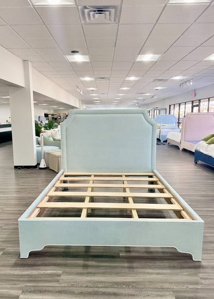 The Addison Cali King Bed - Scalloped Legs - Seafoam Green Woven - White Trim