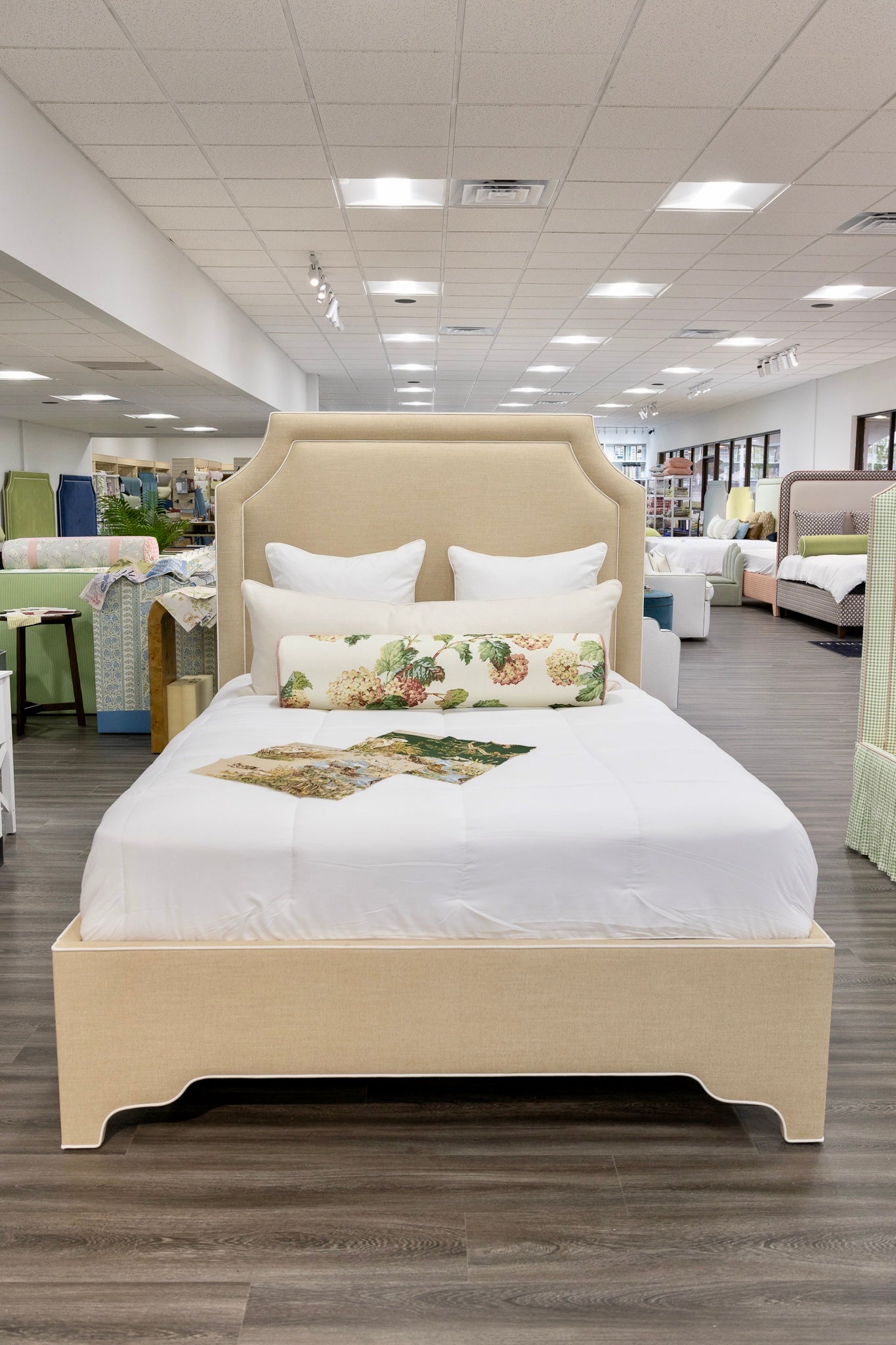 65”H Queen Upholstered Platform Bed - Sand Chenille Fabric with White Trim