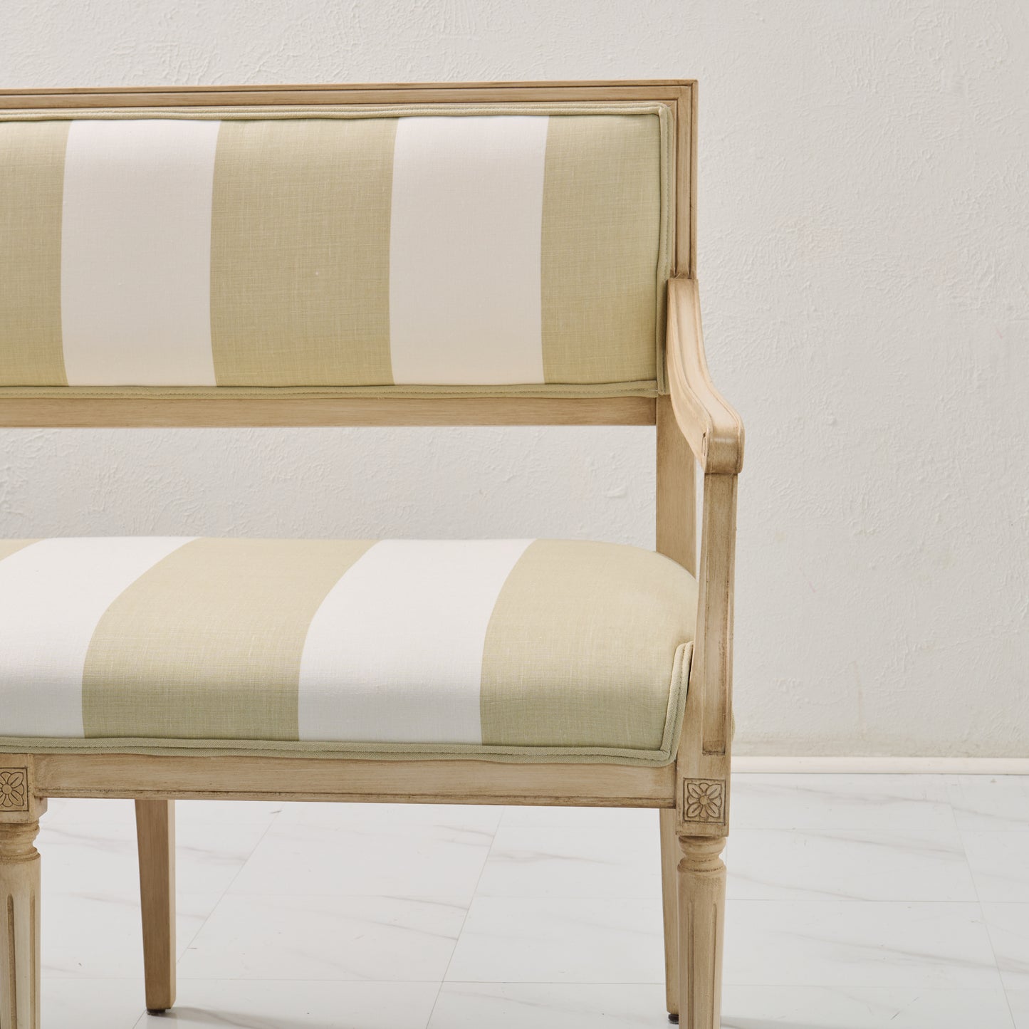 Italian Carved Upholstered Bench in Schumacher Fabric