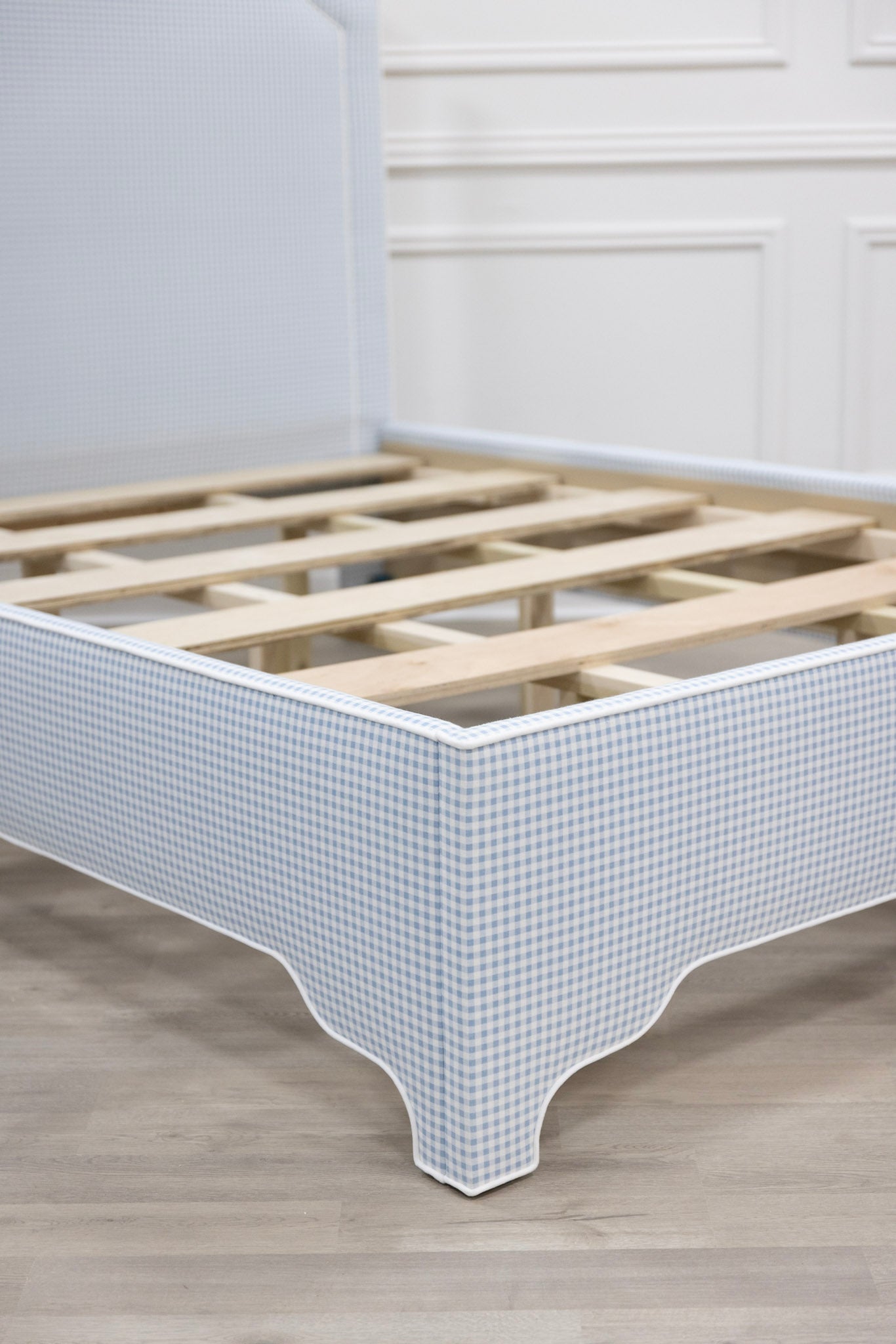 The Grace Queen Bed - Blue Gingham Fabric - White Trim
