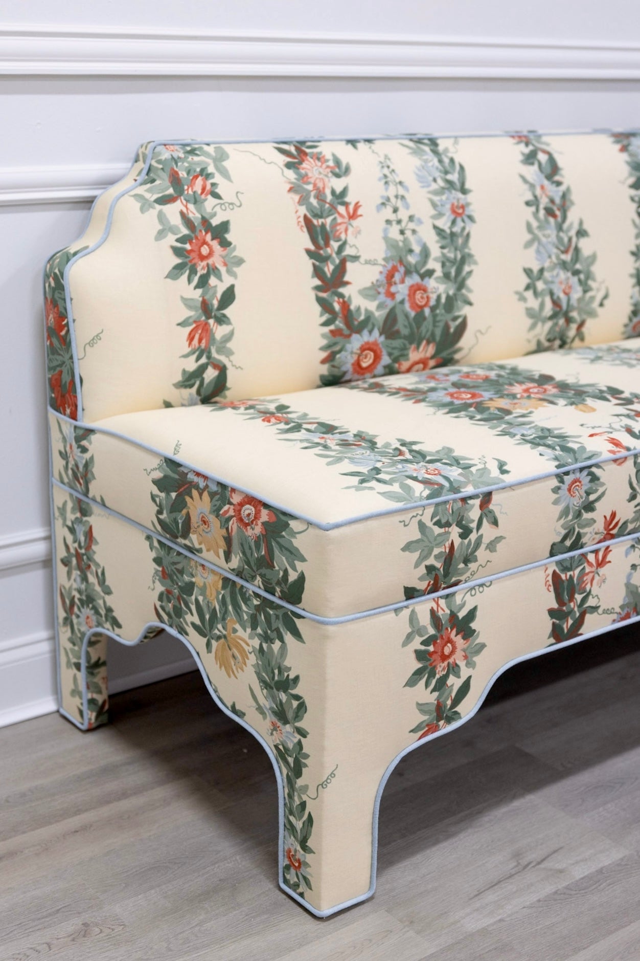 The Helena Banquette – Malmaison Jardin - Sky Blue Piping