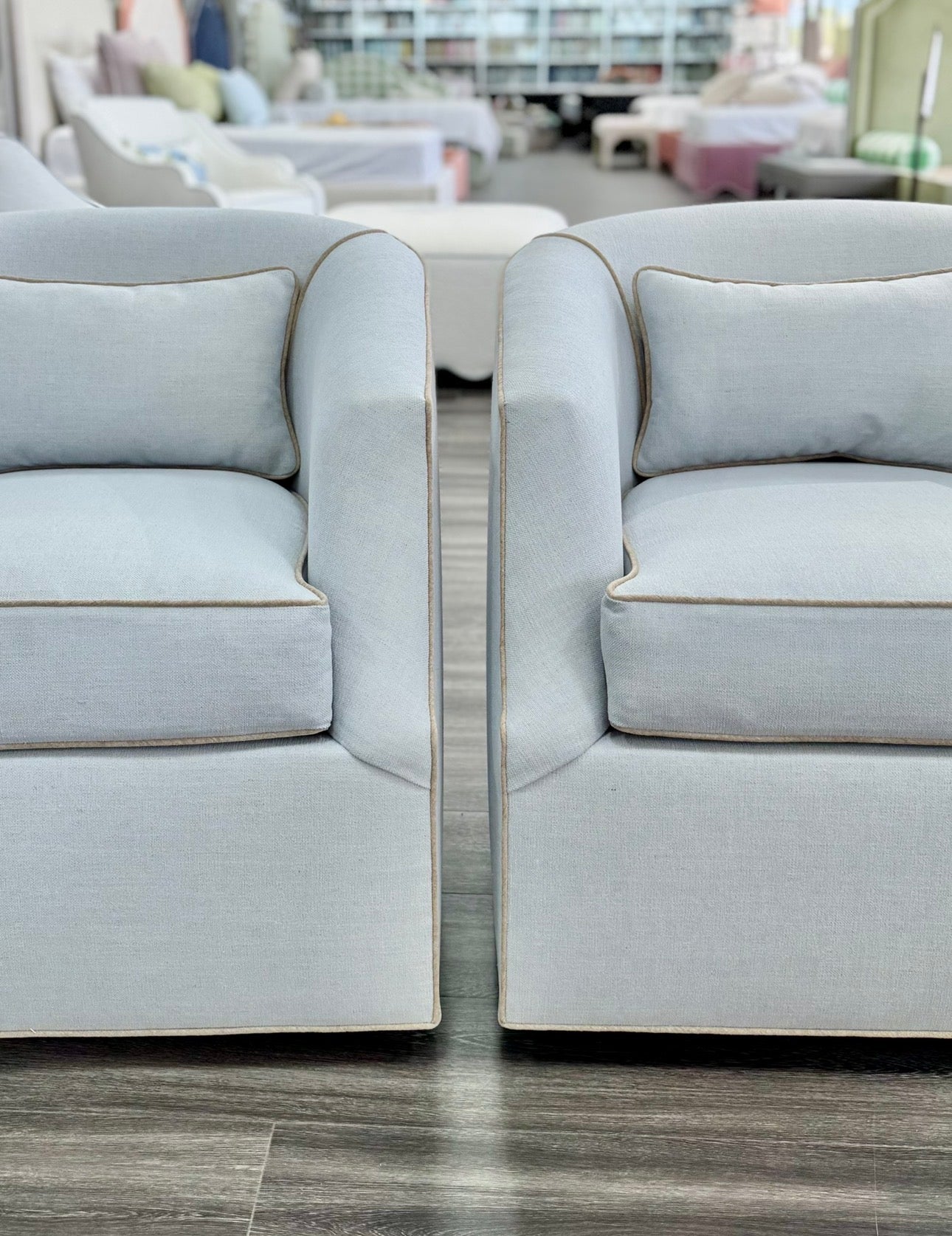 Custom Swivel Chair -  Performance Crypton Fabric in Light Blue - Mushroom Trim