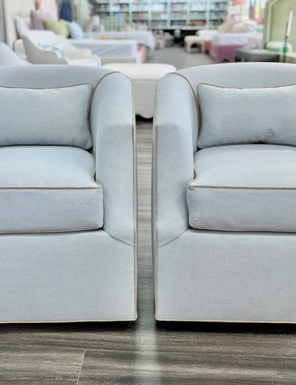 Custom Swivel Chair -  Performance Crypton Fabric in Light Blue - Mushroom Trim