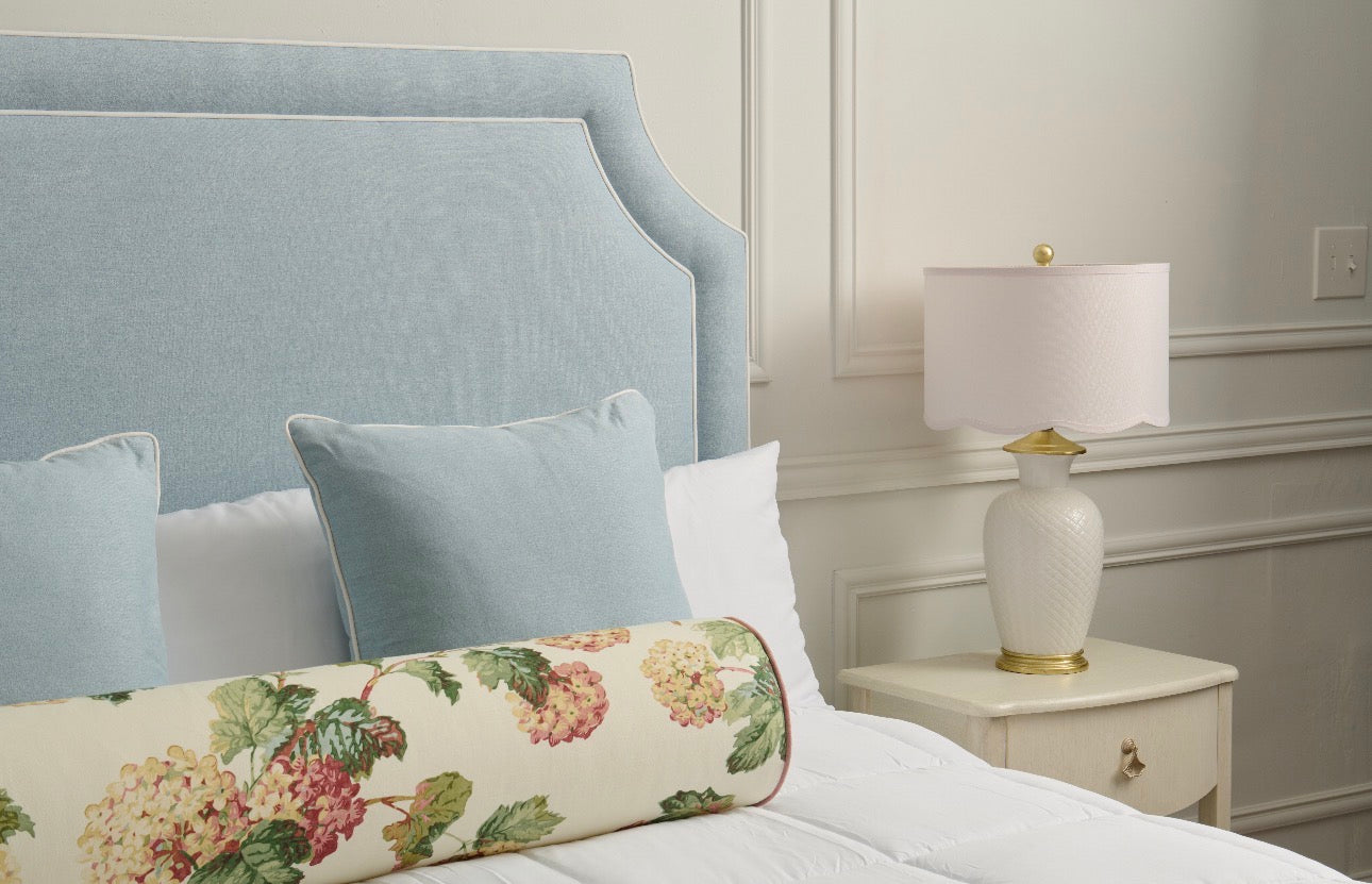 The Addison King Platform Bed - Scalloped Legs - Sky Blue Woven Fabric with White Trim