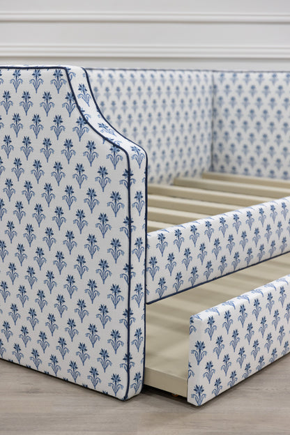 The Addison Twin Trundle Daybed - Lobelia Blues Fabric - Navy Trim